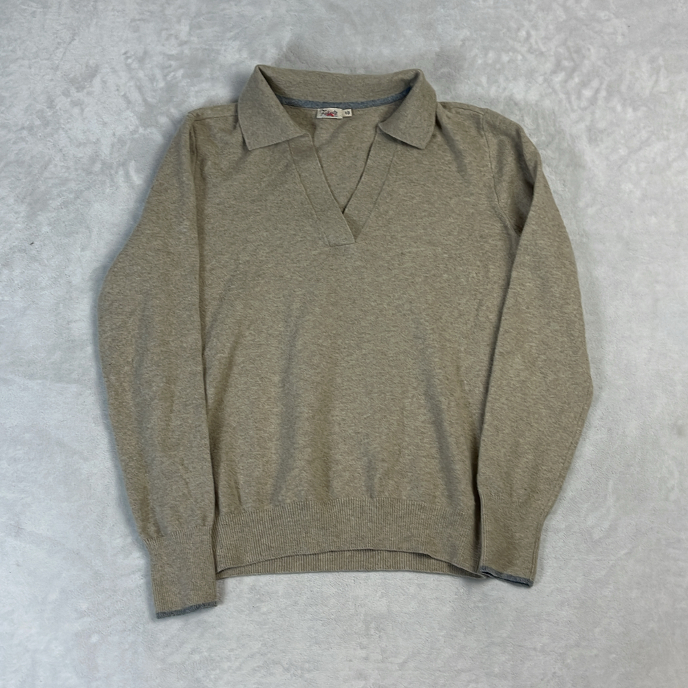 Faherty Women's Polo Sweater Tan Size S Fine Knit V-Neck Pullover